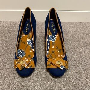 Ruby Shoo Blue and Gold Floral Women's Chunky Heels
